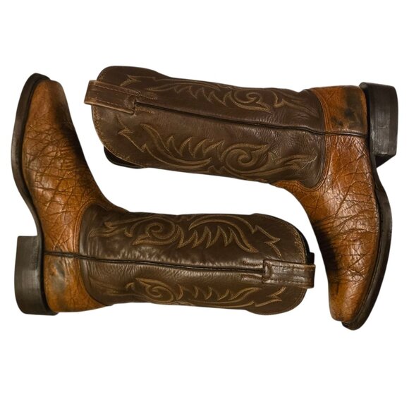 Langstons Cowboy Boots Mens 9 D Two Tone Brown Leather Country Western Wear VTG - Picture 1 of 16